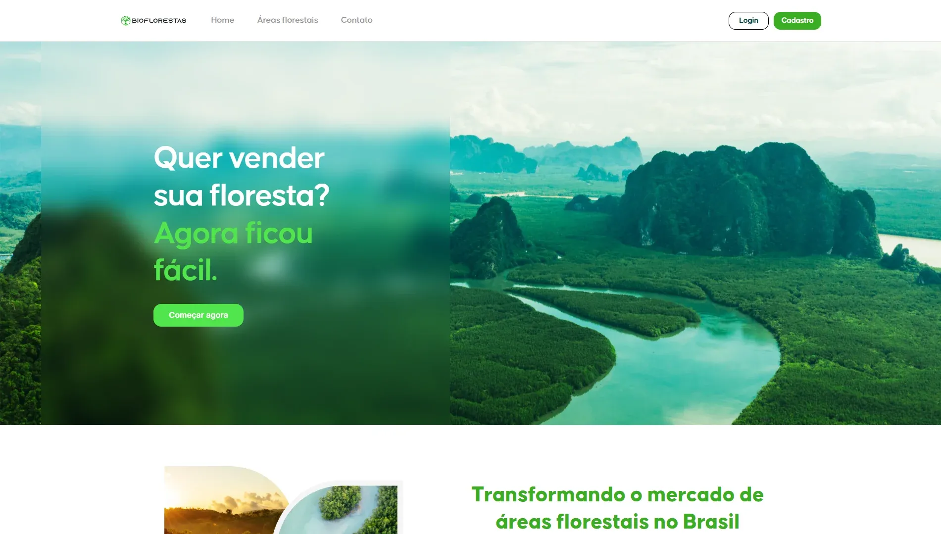 Página inicial da Bioflorestas, com a chamada para vender a sua floresta sobre a foto de uma mata cortada por um rio