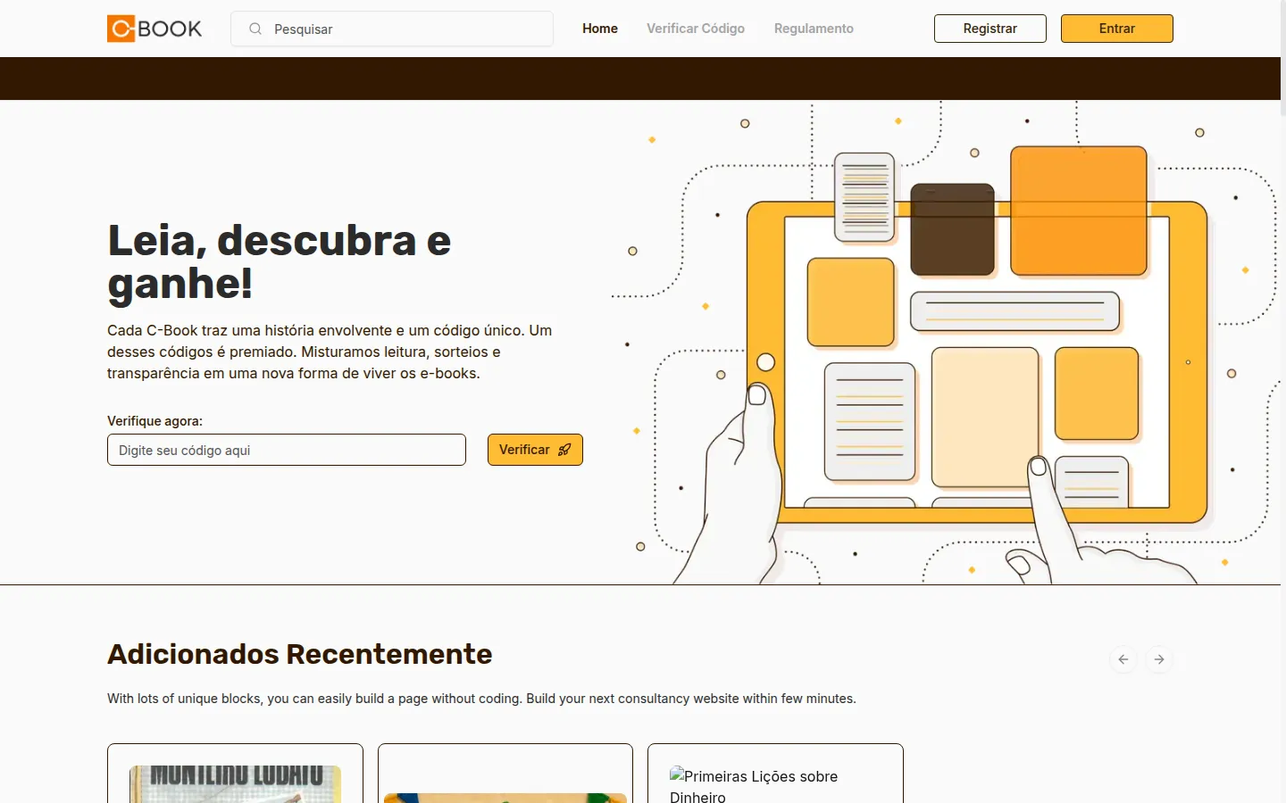 Página inicial do C-Book, com o campo para verificar o código do e-book e a lista de livros adicionados recentemente
