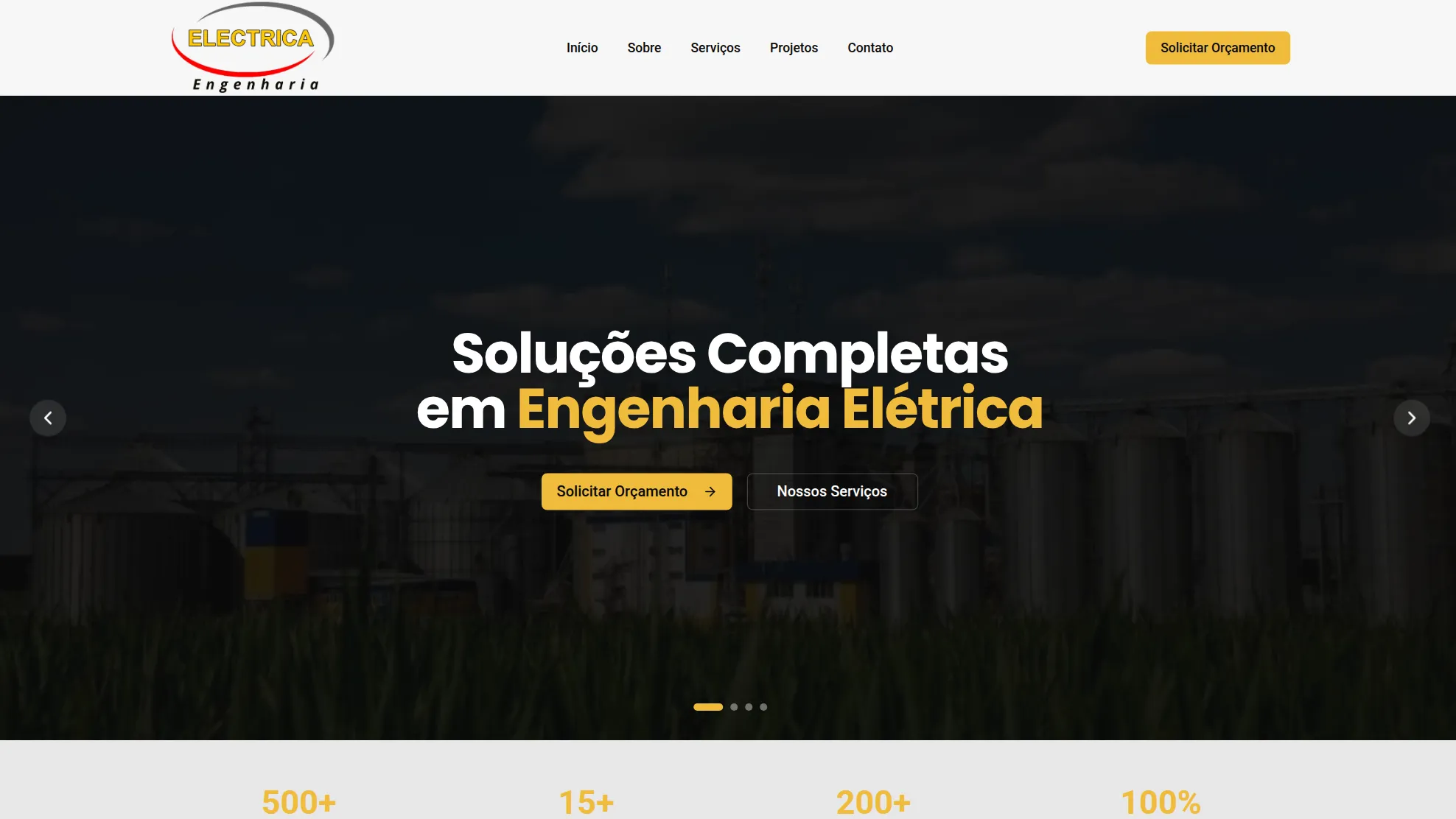Página inicial da Electrica Engenharia, com o título Soluções Completas em Engenharia Elétrica e o botão de orçamento