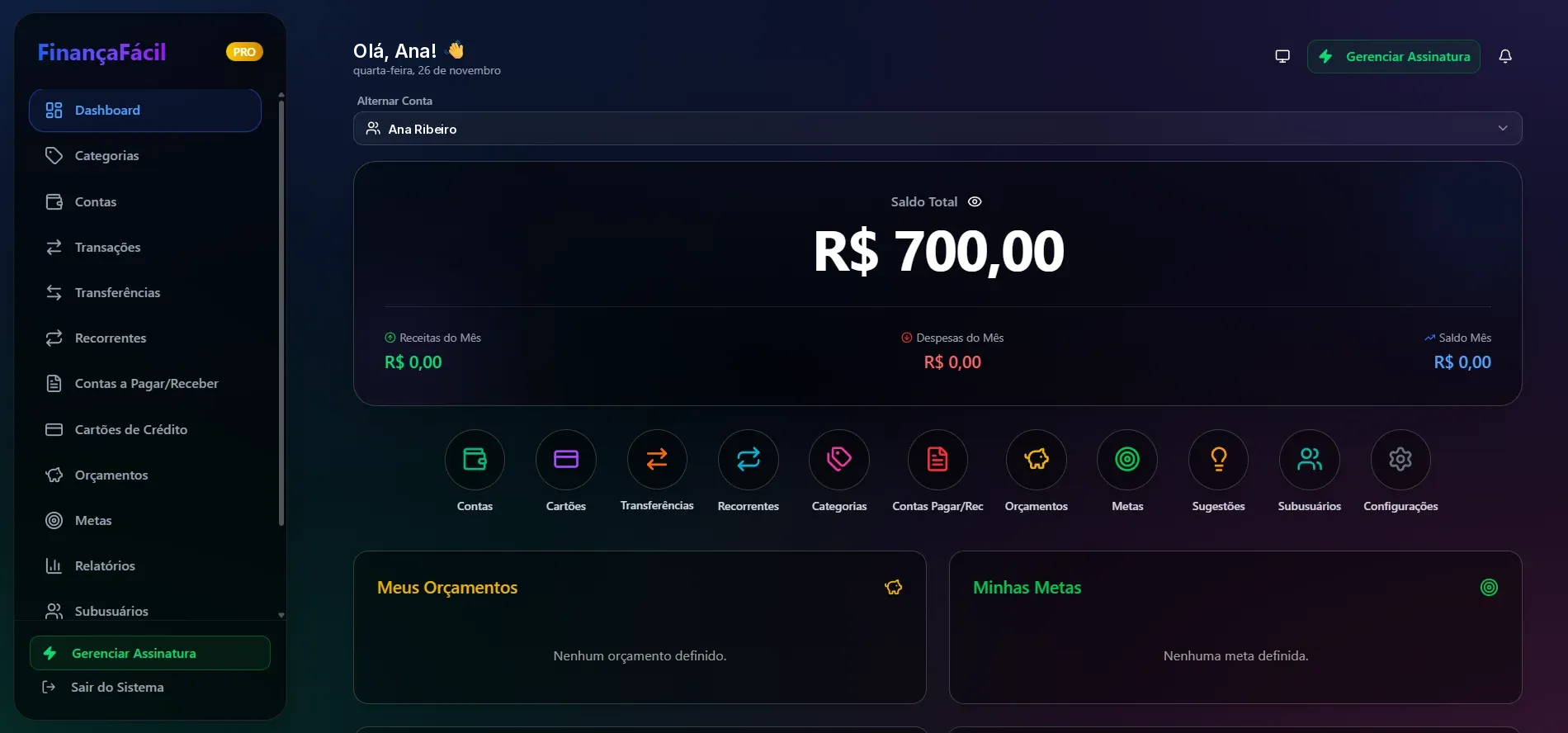 Painel do FinançaFácil com o saldo total, os atalhos dos módulos e os quadros de orçamentos e metas