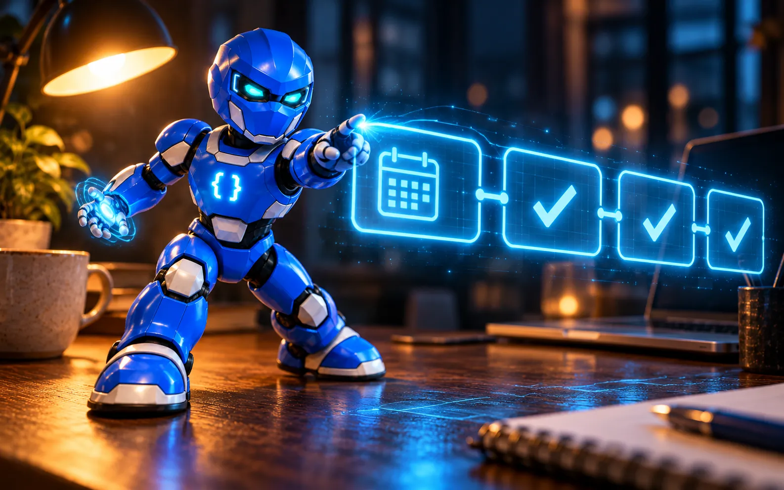 O mascote da TWS desenha no ar, com luz, o plano do projeto em etapas