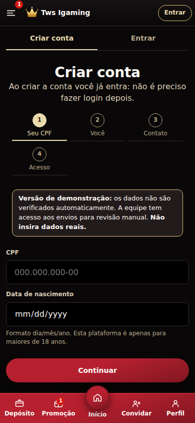 Primeira etapa do cadastro de demonstração em tela móvel