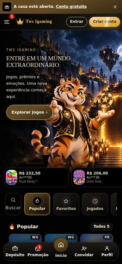 Tela inicial do site do jogador na demonstração da plataforma de cassino da TWS