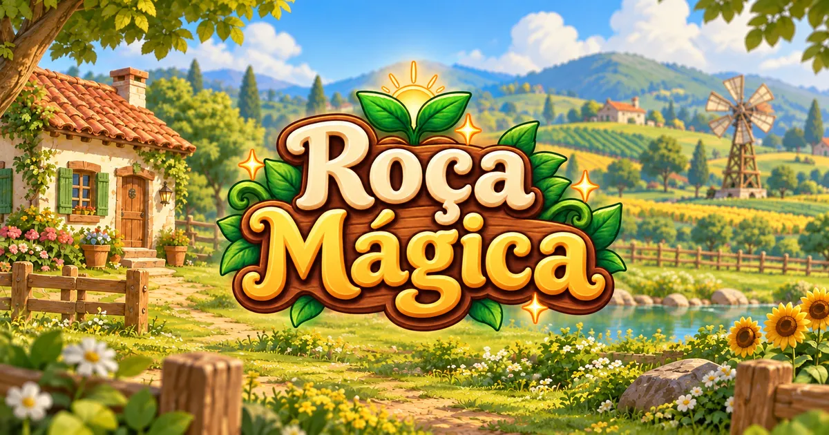 Capa da Roça Mágica: o logo do jogo sobre uma paisagem de fazenda com casa, moinho, lago e girassóis