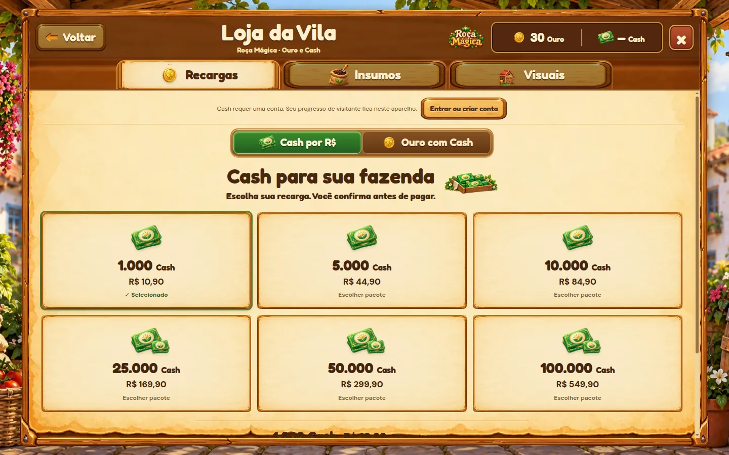 Loja da Vila da Roça Mágica, com as abas de recargas, insumos e itens visuais