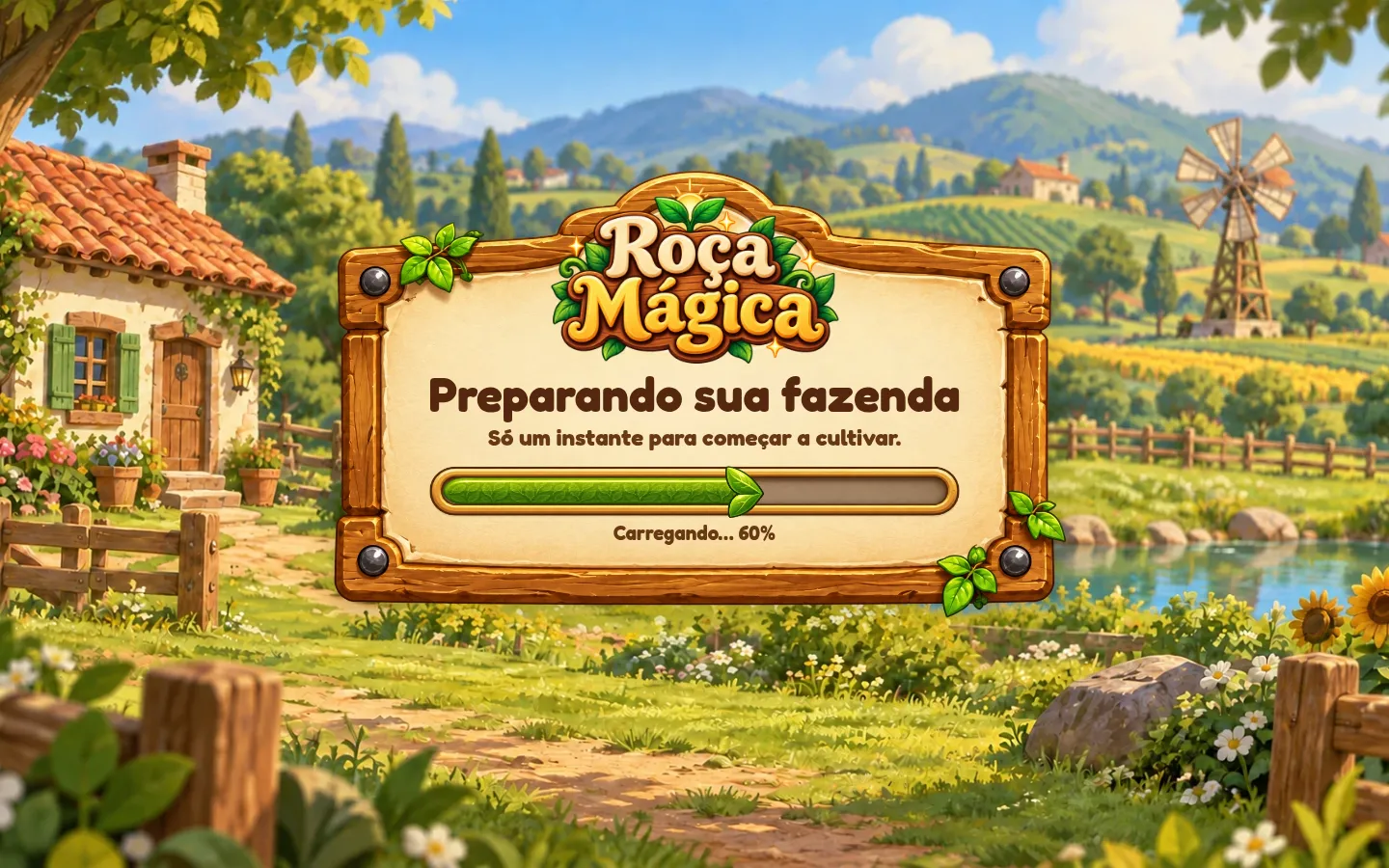 Tela de abertura da Roça Mágica, com o aviso Preparando sua fazenda sobre a paisagem do jogo