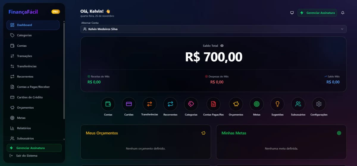 Dashboard principal no Computador com resumo financeiro e gráficos